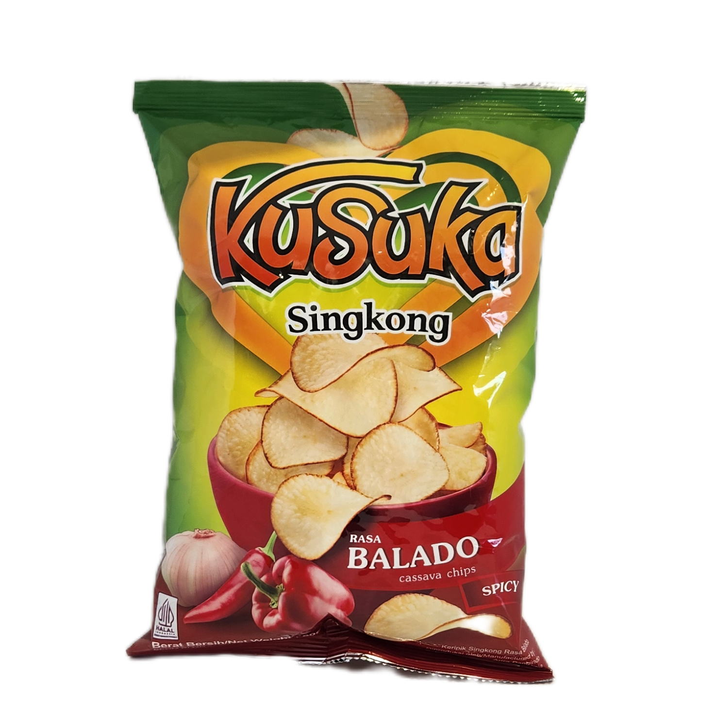Kusuka Singkong Chips Balado Flavour 60g. رقائق كسوكا الكسافا بنكهة بالادو 60 جرام