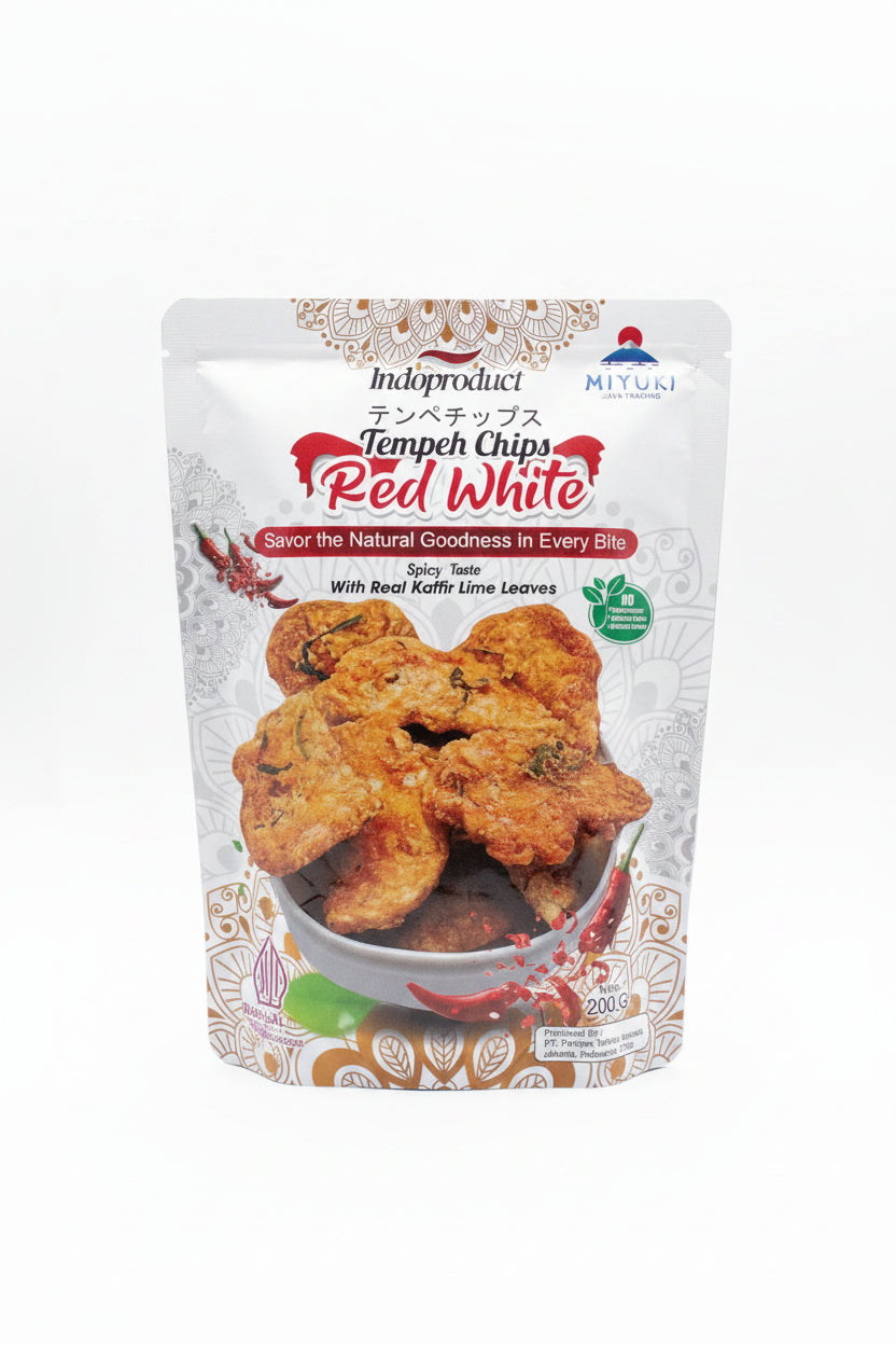 Miyuki Red White Tempeh Chips Pedas 200g. رقائق تمبيه ميوكي الحمراء والبيضاء الحارة 200 غرام.