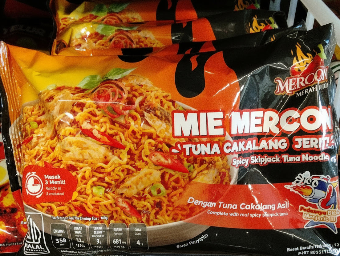 Mercon Mie Mercon Tuna Cakalang Jerit 134g. نودلز ميركون – بنكهة تونة السكيبجاك الحارة "سكريم" (134 جم)