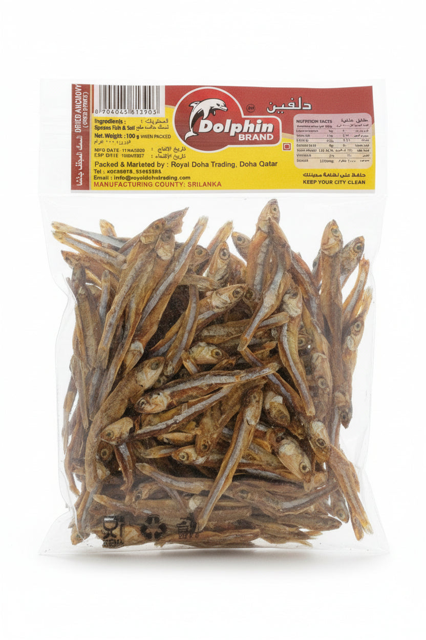 Dolphin Brand Dried Anchovies 100g. أنشوجة مجففة من ماركة دولفين، 100 غرام