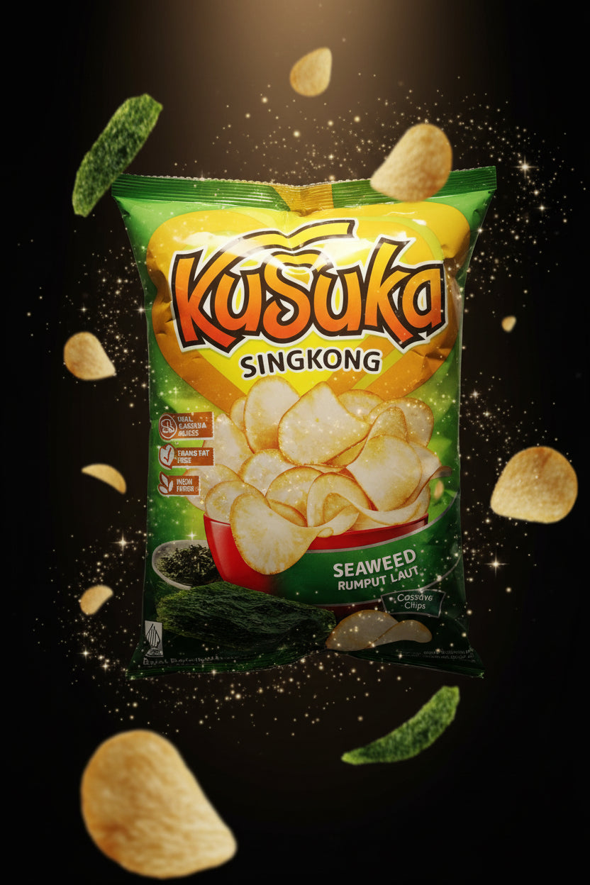 Kusuka Singkong Chips Rasa Rumput Laut/Seaweed 60g.رقائق الكسافا بنكهة الأعشاب البحرية من كوسوكا 60 غرام