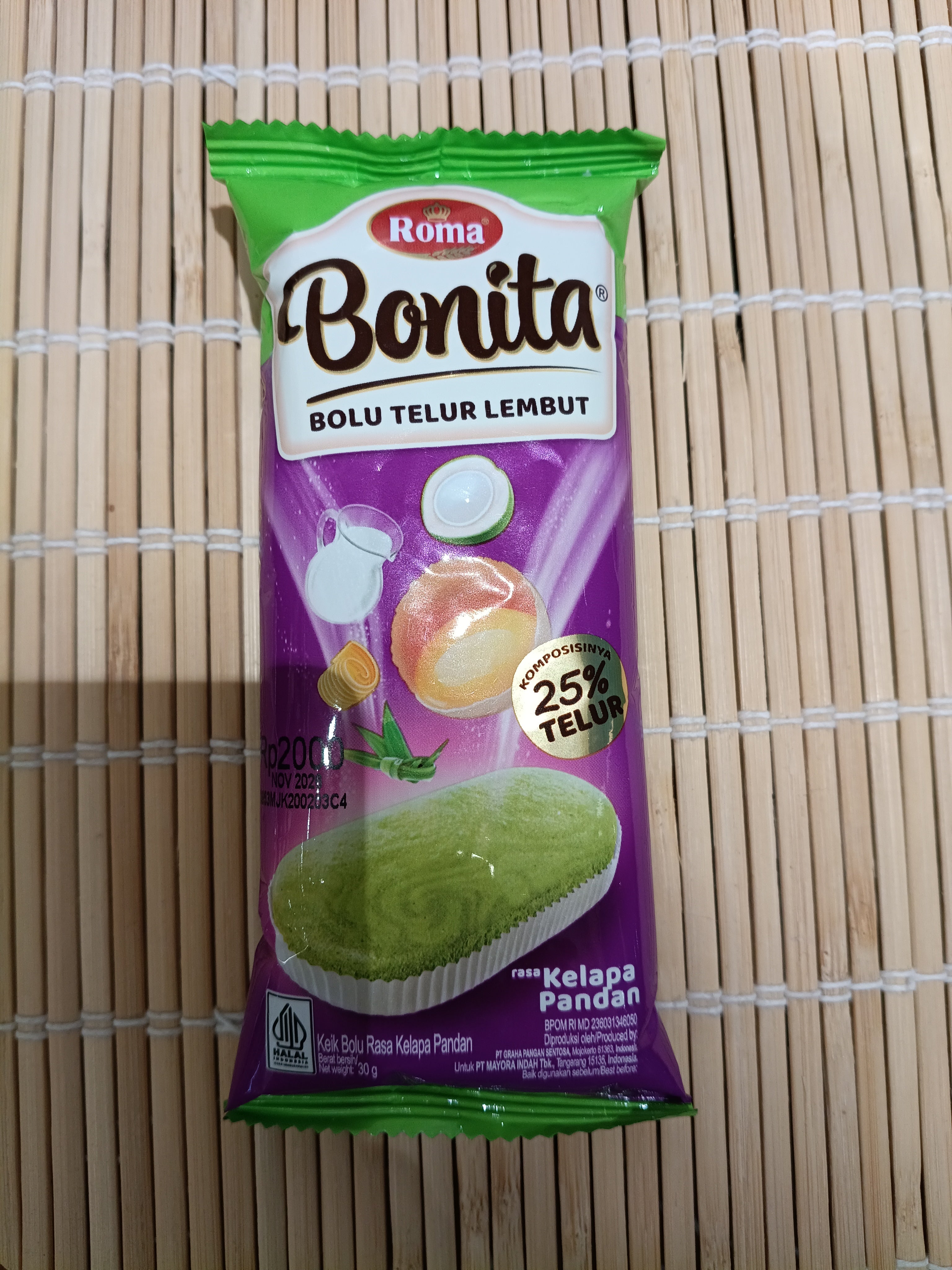 Roma Bonita Bolu Telur Kelapa Pandan 30gr. روما بونيتا باندان بيض جوز الهند بولو 30 جرام