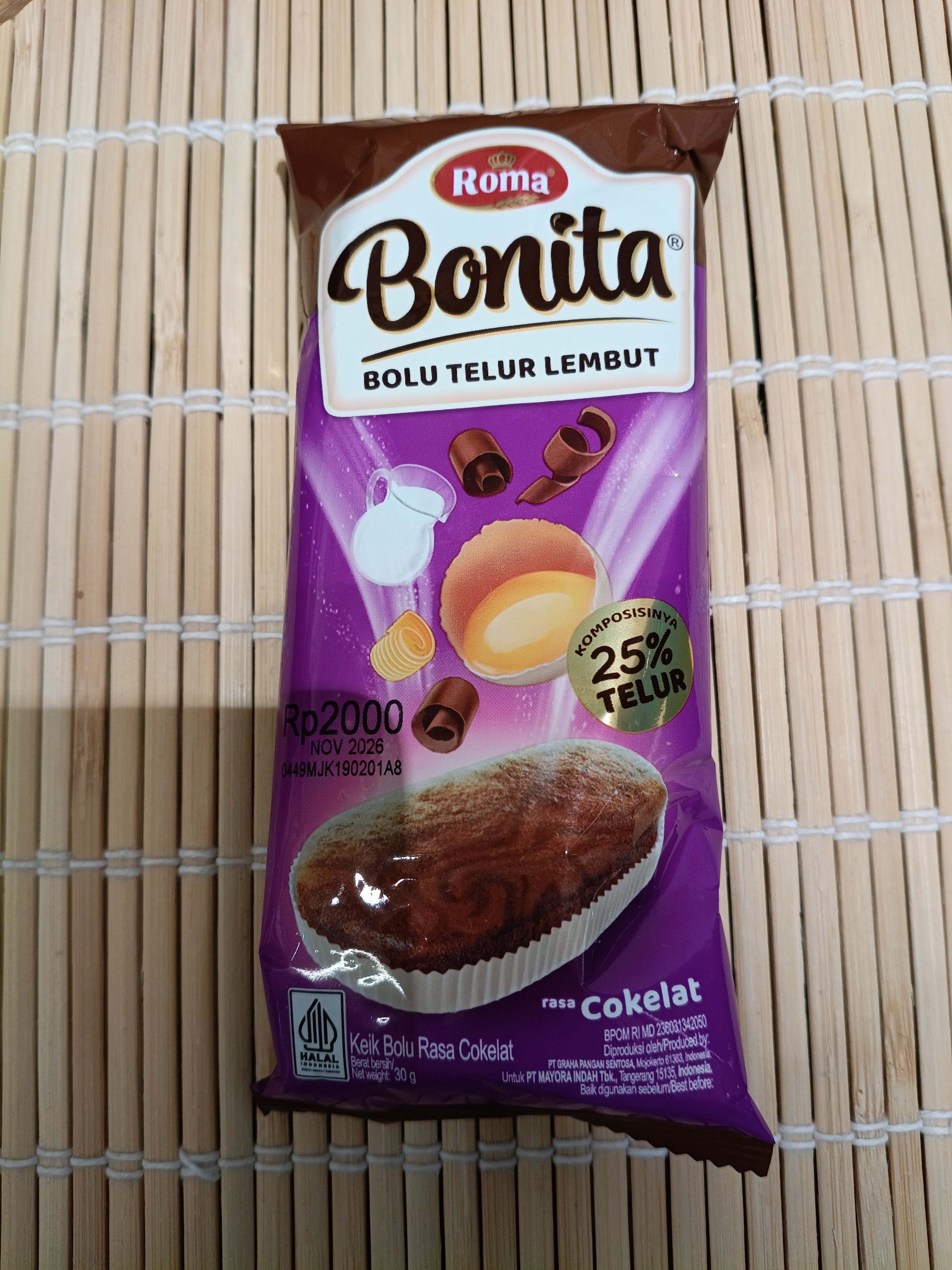 Roma Bonita Bolu Telur Coklat 30gr. كيكة إسفنجية ببيض الشوكولاتة من روما بونيتا 30 غرام