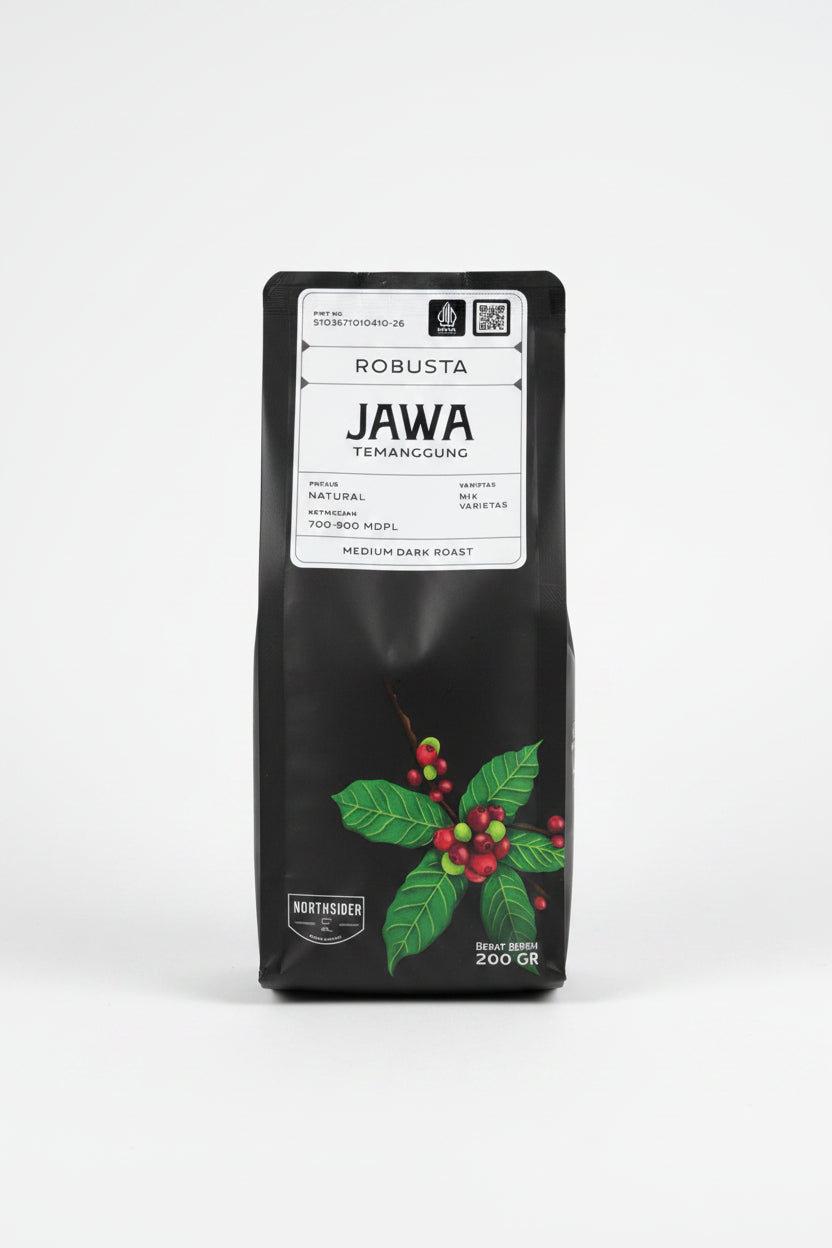 Northsider Coffee Beans Robusta Jawa Temanggung Medium Dark Roast 200g. حبوب قهوة نورث سايدر روبوستا جافا تيمانجونج متوسطة التحميص الداكن 200 غرام