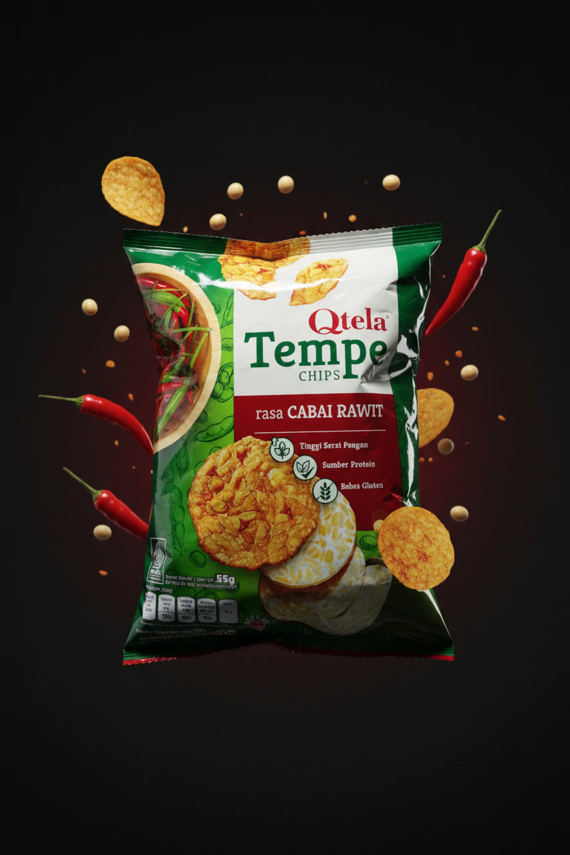 Qtela Tempe Chips Rasa Cabai Rawit 55g. رقائق التيمبيه من Qtela بنكهة الفلفل الحار (55 جم)