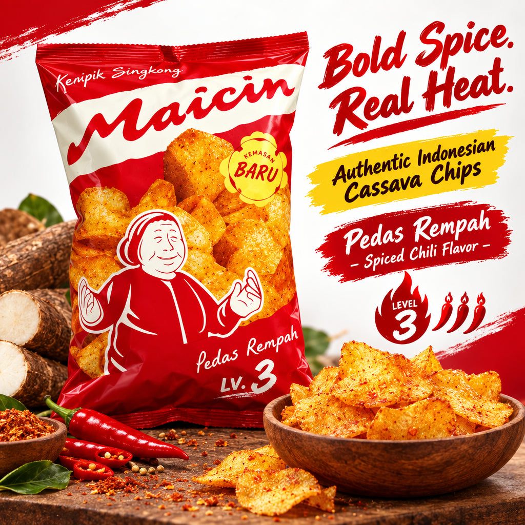 Maicih Keripik Singkong Pedas Lvl 3 80g. مايشيه رقائق الكسافا الحارة المستوى 3