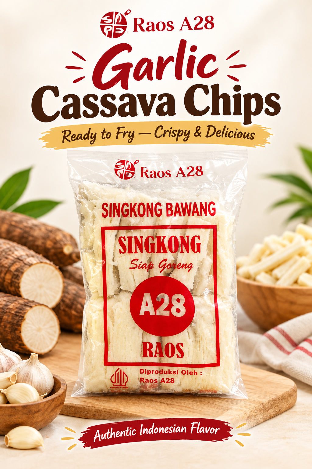 A28 Raos Singkong Bawang Siap Goreng 500g.  A28 راوس كاسافا وبصل جاهز للقلي 500 غرام
