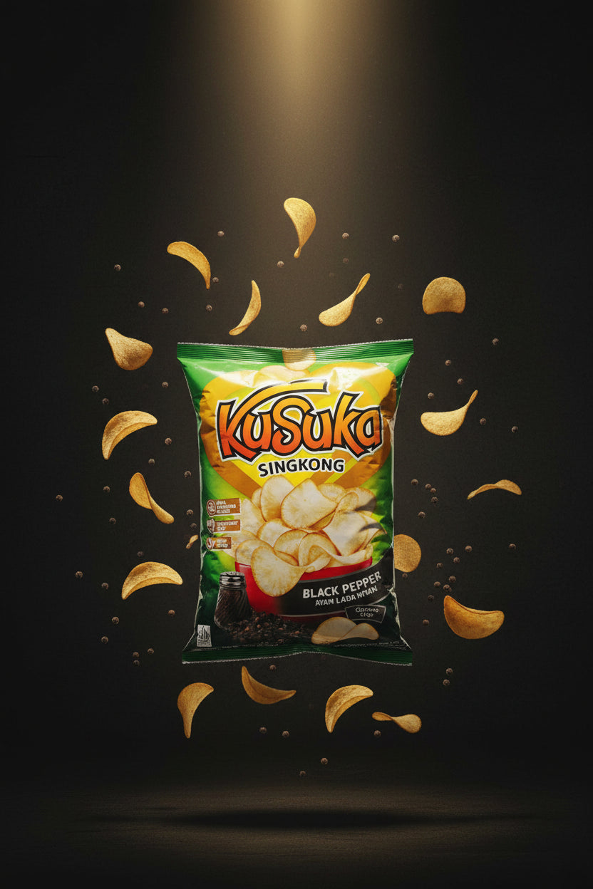 Kusuka Singkong Chips Rasa Ayam Lada Hitam 60g. Keripik singkong Kusuka rasa ayam lada hitam 60g