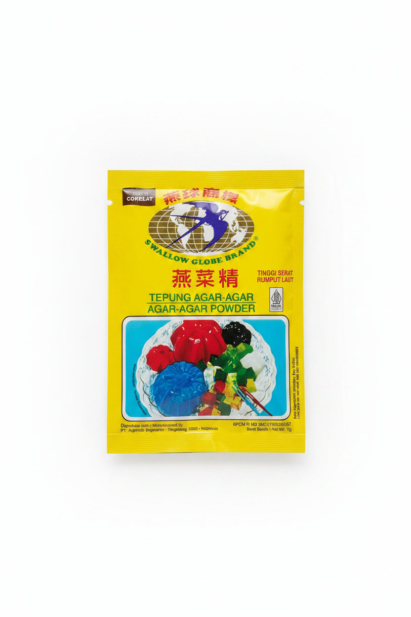 Swallow Globe Brand Agar-Agar Powder Warna Cokelat 7g. Bubuk agar-agar cokelat merek Swallow Globe, 7 gram.