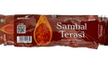 A packaged food product labeled 'Sambal Terasi' by Gunacinta, shown in a brown and red wrapper with a photo of red chili paste and white text, photographed on a light gray background.