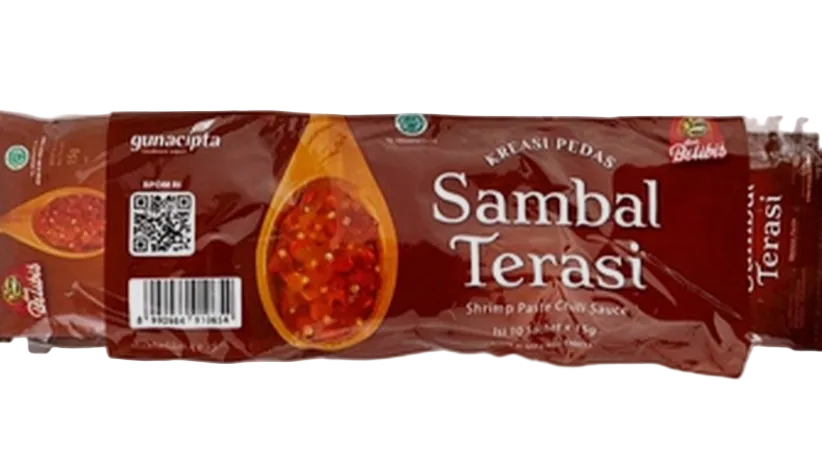 A packaged food product labeled 'Sambal Terasi' by Gunacinta, shown in a brown and red wrapper with a photo of red chili paste and white text, photographed on a light gray background.